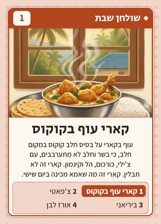 קארי עוף בקוקוס, מרביעיית שולחן שבת