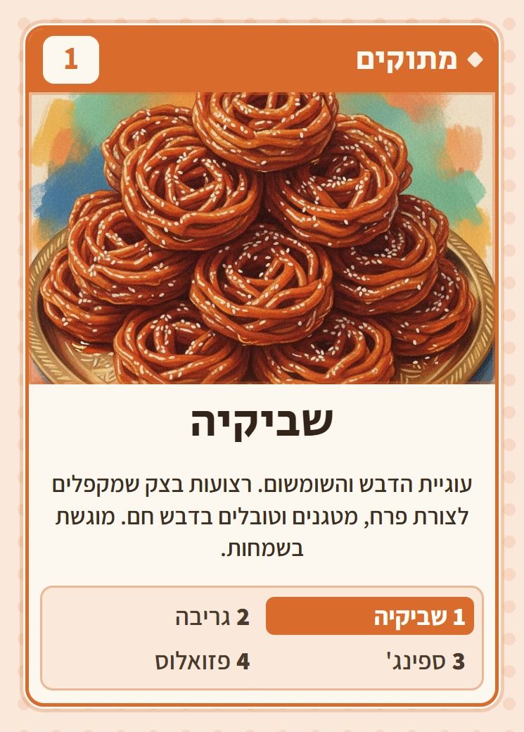 שביקיה, מסדרת מתוקים: עוגיית הדבש והשומשום. רצועות בצק שמקפלים לצורת פרח, מטגנים וטובלים בדבש חם. מוגשת בשמחות.