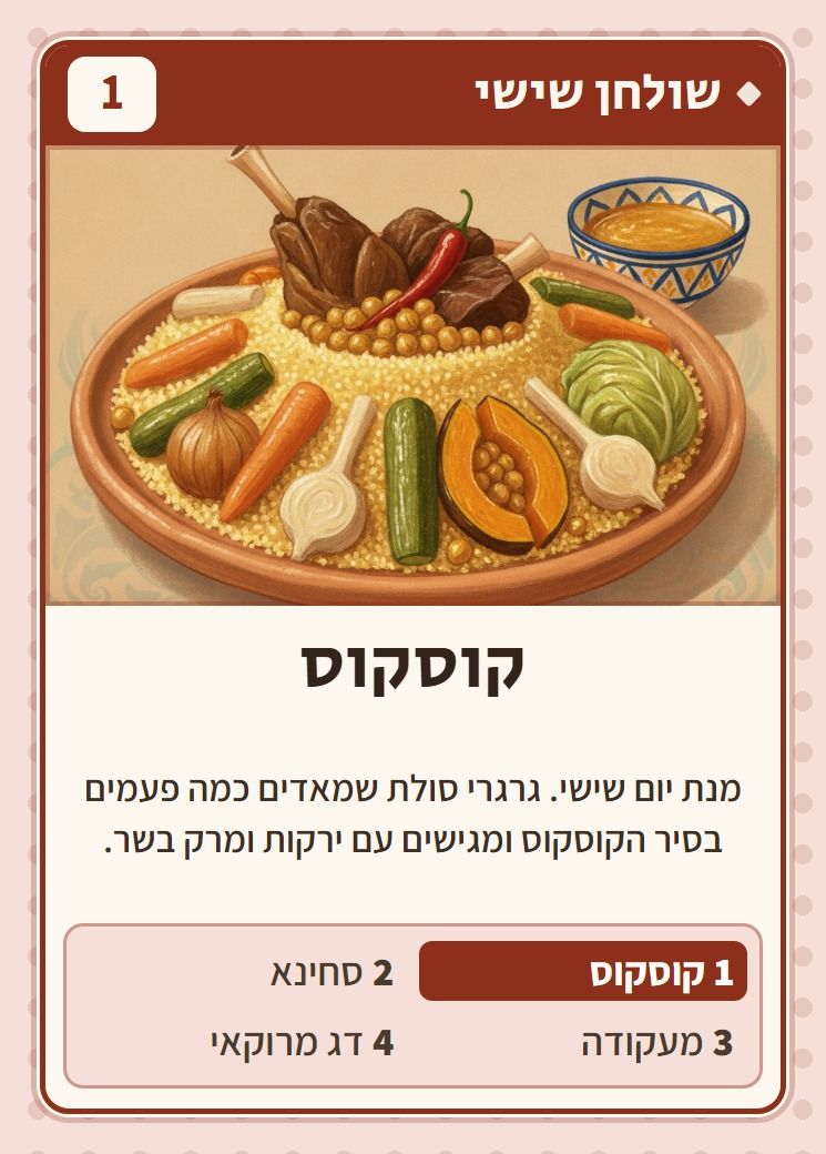 קוסקוס, מסדרת שולחן שישי: מנת יום שישי. גרגרי סולת שמאדים כמה פעמים בסיר הקוסקוס ומגישים עם ירקות ומרק בשר.