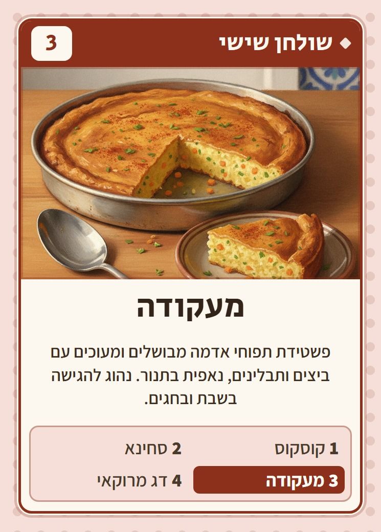 מעקודה, מסדרת שולחן שישי: פשטידת תפוחי אדמה מבושלים ומעוכים עם ביצים ותבלינים, נאפית בתנור. נהוג להגישה בשבת ובחגים.