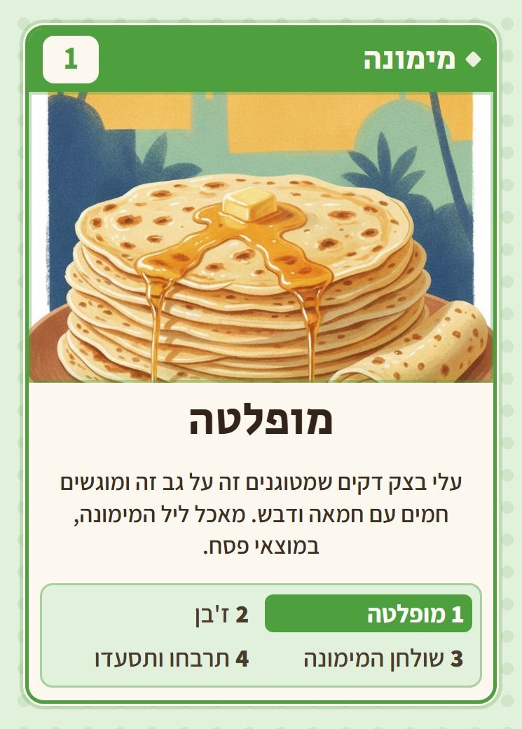 מופלטה, מסדרת מימונה: עלי בצק דקים שמטוגנים זה על גב זה ומוגשים חמים עם חמאה ודבש. מאכל ליל המימונה, במוצאי פסח.