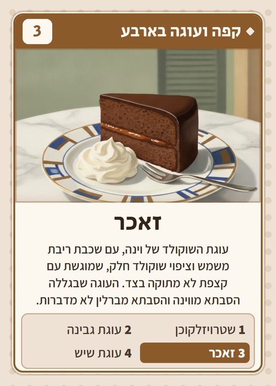 זאכר, מרביעיית קפה ועוגה בארבע