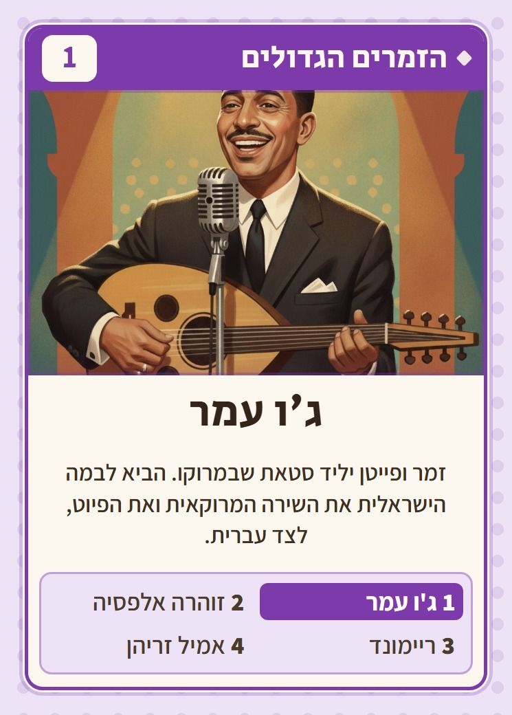 ג׳ו עמר, מסדרת הזמרים הגדולים: זמר ופייטן יליד סטאת שבמרוקו. הביא לבמה הישראלית את השירה המרוקאית ואת הפיוט, לצד עברית.