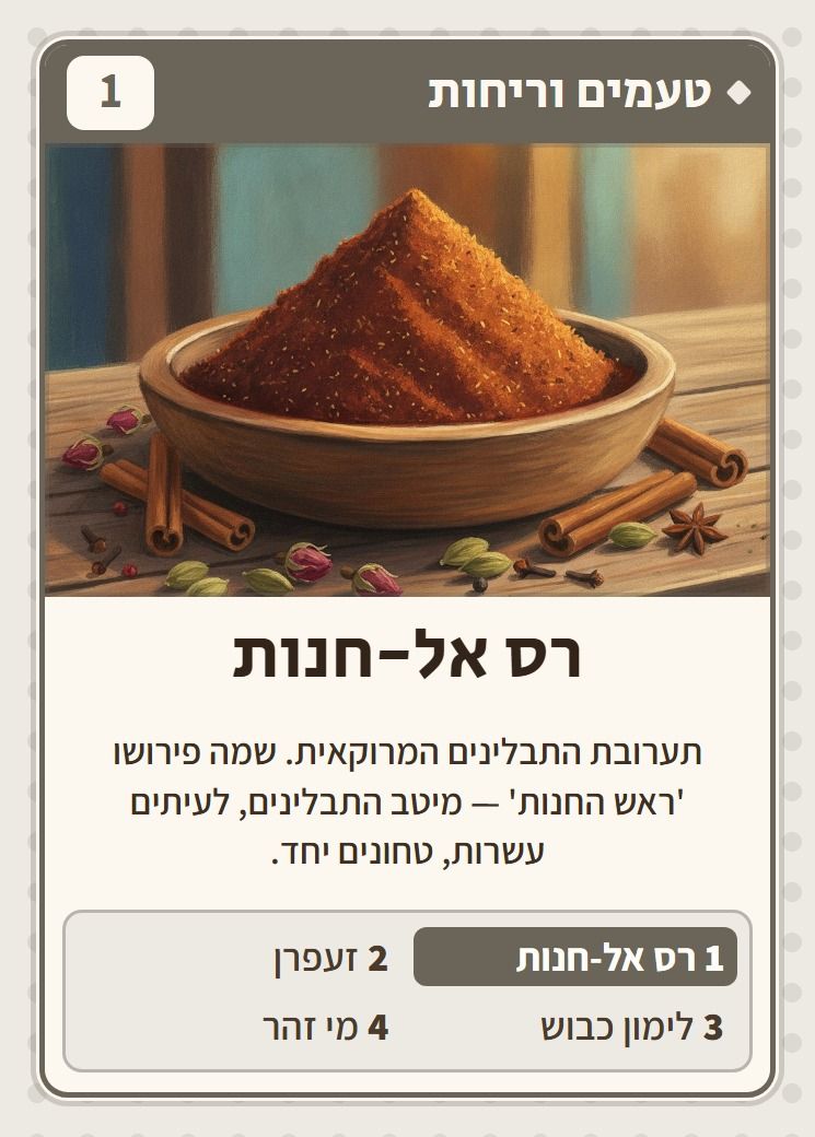 רס אל-חנות, מסדרת טעמים וריחות: תערובת התבלינים המרוקאית. שמה פירושו 'ראש החנות' — מיטב התבלינים, לעיתים עשרות, טחונים יחד.