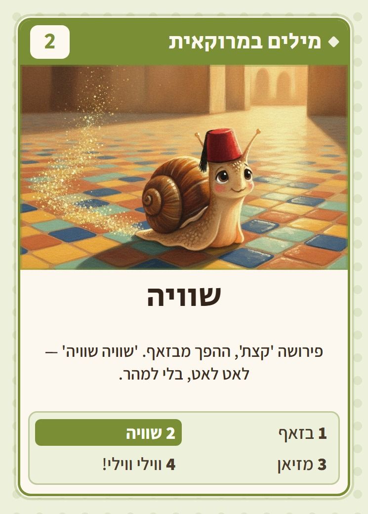 שוויה, מסדרת מילים במרוקאית: פירושה 'קצת', ההפך מבזאף. 'שוויה שוויה' — לאט לאט, בלי למהר.